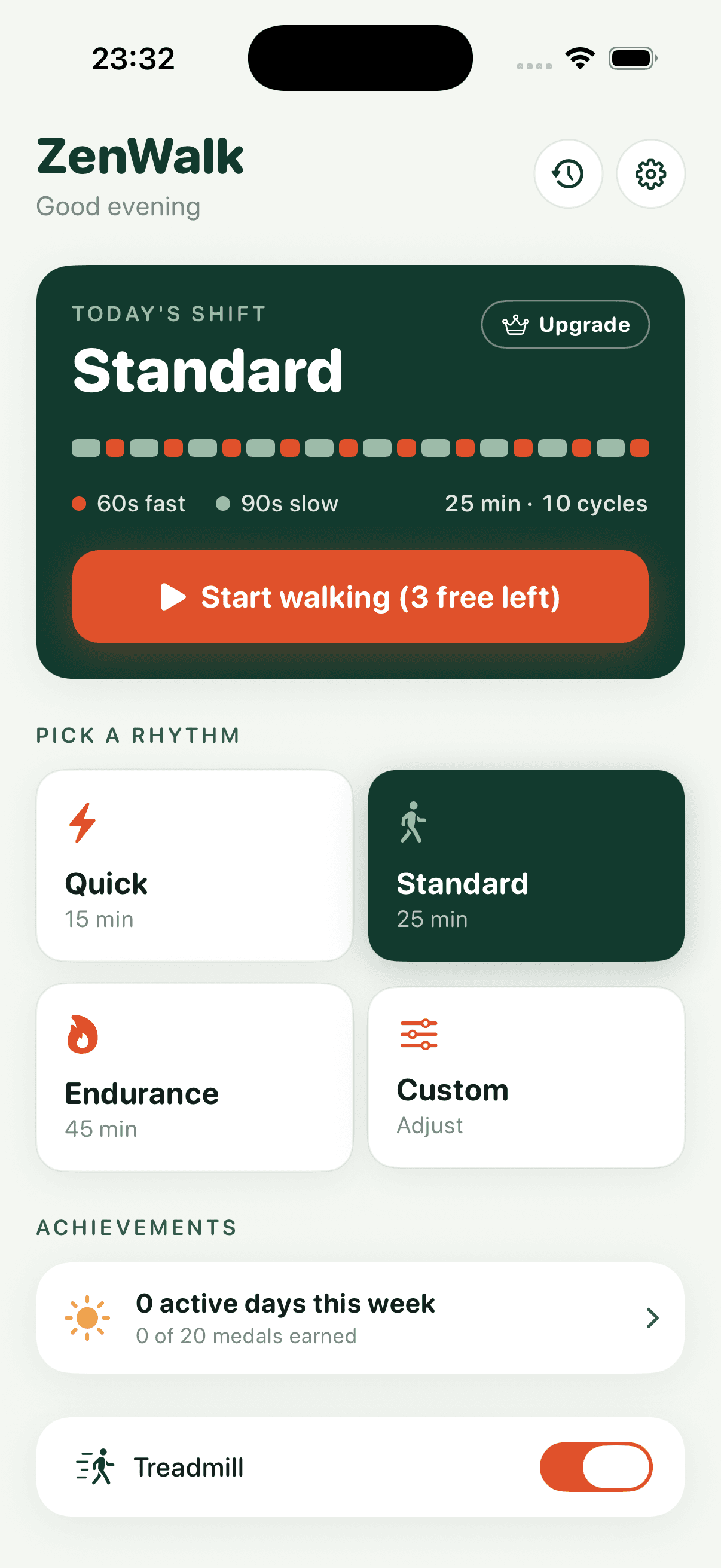 ZenWalk 1.2 showing the original Standard 25-minute preset with 60-second fast and 90-second slow intervals
